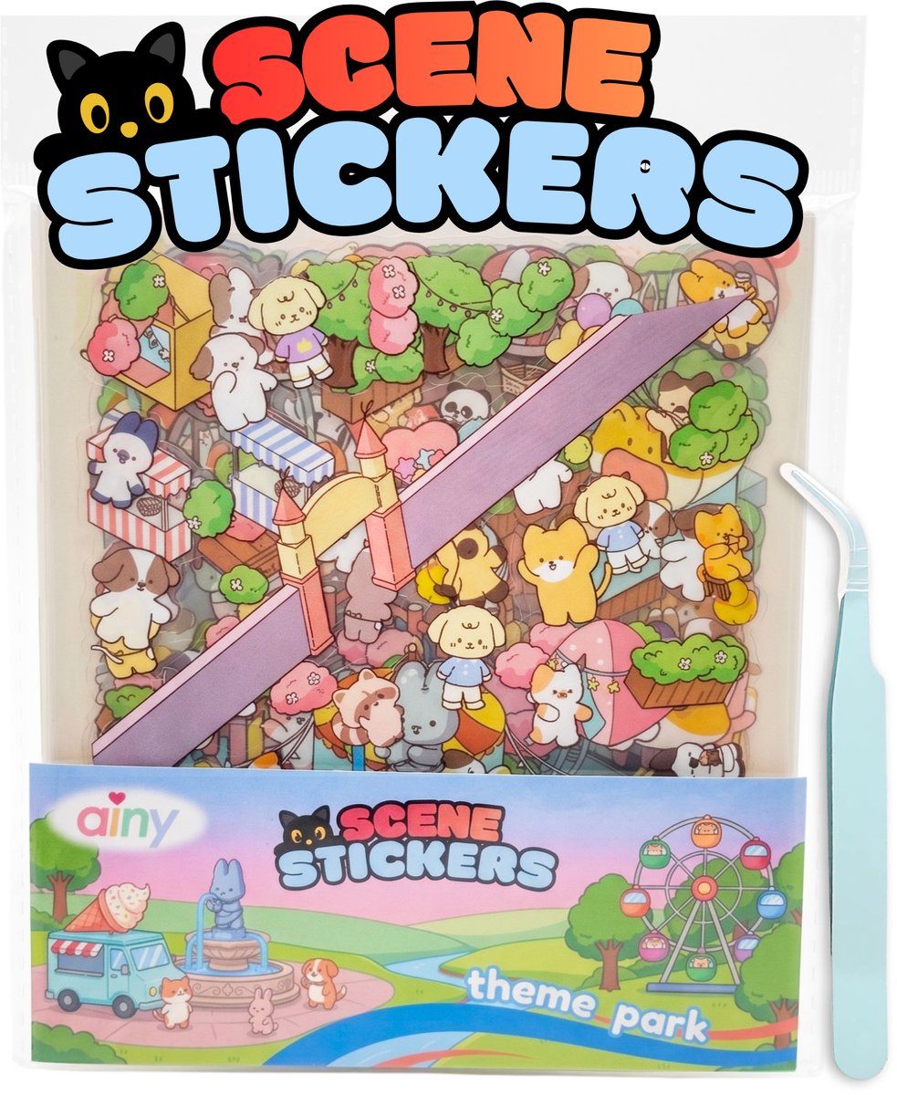 Ainy - Scene 3D Stickerboek S pretpark | Inclusief Pincet | Vouwbare achtergrond 13*58cm met PET Stickers | Kat & Vrienden miniatuur sticker | Creatief & Rustgevend