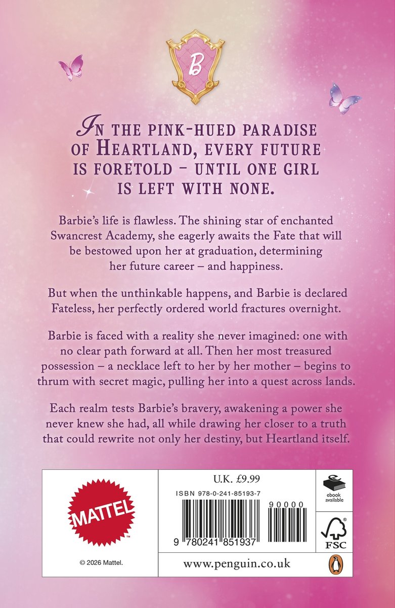 De achterkant van het boek Barbie: Dreamscape met de tekst 'In het roze paradijs van Heartland, elke toekomst is voorspeld - tot er één meisje zonder is.' met een Barbie-logo.