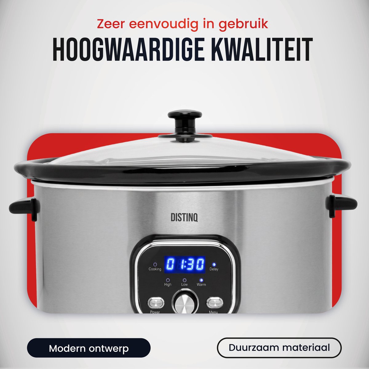 DistinQ Slowcooker - 8 Liter - 320 Watt - Warmhoudfunctie - Keramische Binnenpan - Zilver – foto 3