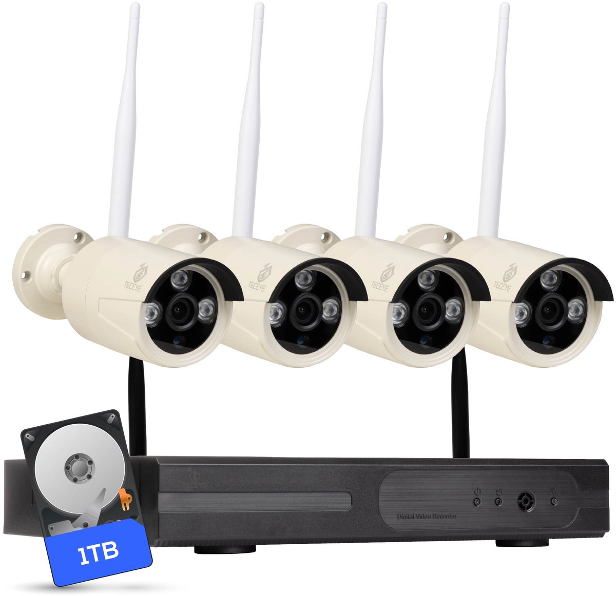 Teceye Bullet Beveiligingscamera Buiten met Recorder - Draadloze Buitencamera - 4 Camera - 1TB Opslag