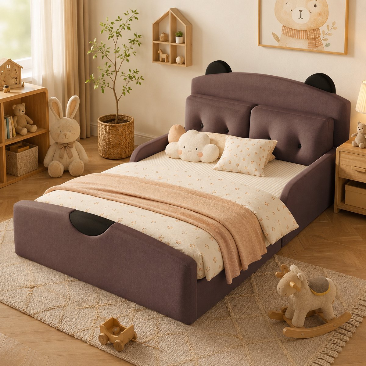 Kinderbed 140x200 cm - Tweepersoonsbed - Gestoffeerd bed - Met hoofdbord - Met twee kussens - Met linnen bedovertrek - Stabiel & duurzaam - Snel Gemonteerd - Koffiekleur