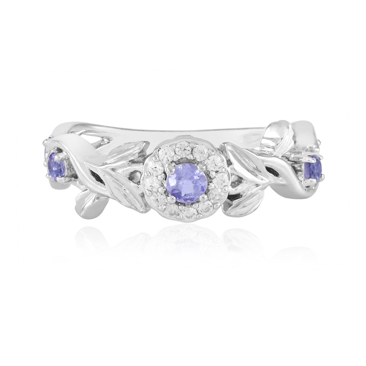 Cavill - Elegante Damesring 925 Sterling Zilver Platina Gecoat - Rondgeslepen Tanzaniet 0,417 ct & Zirkonen 0,129 ct - Bloemenmotief Blauw