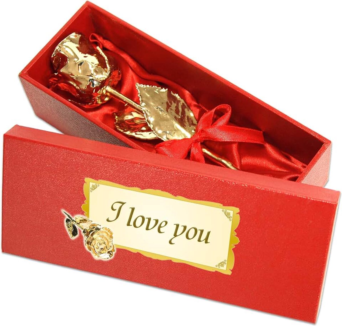 Gouden roos met opdruk: I love you, verguld met 999 goud, ca. 28 cm, met geschenkdoos en certificaat van echtheid.