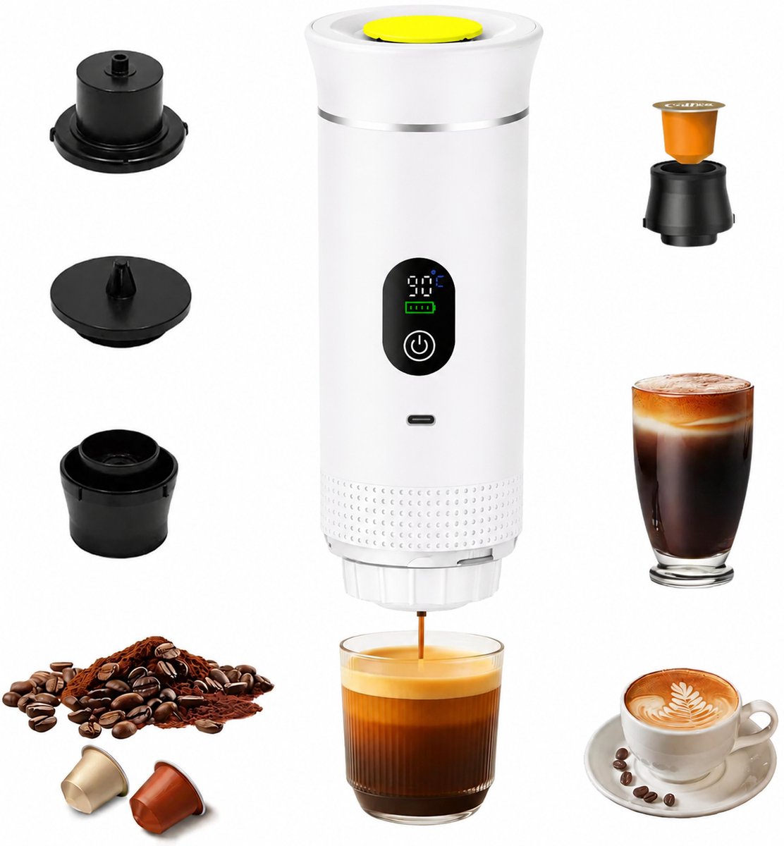 Draagbaar Koffiezetapparaat - 3-in-1 espressomachine – Met led-display – 20 bar druk en indicatoren voor temperatuur en batterijniveau in realtime – Geschikt voor gemalen koffie en capsules – Ideaal voor op reis, op kantoor en in de camper – Wit