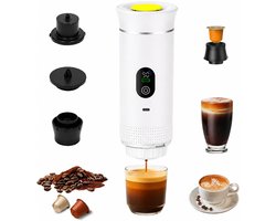 Draagbaar Koffiezetapparaat - 3-in-1 espressomachine – Met led-display – 20 bar druk en indicatoren voor temperatuur en batterijniveau in realtime – Geschikt voor gemalen koffie en capsules – Ideaal voor op reis, op kantoor en in de camper – Wit