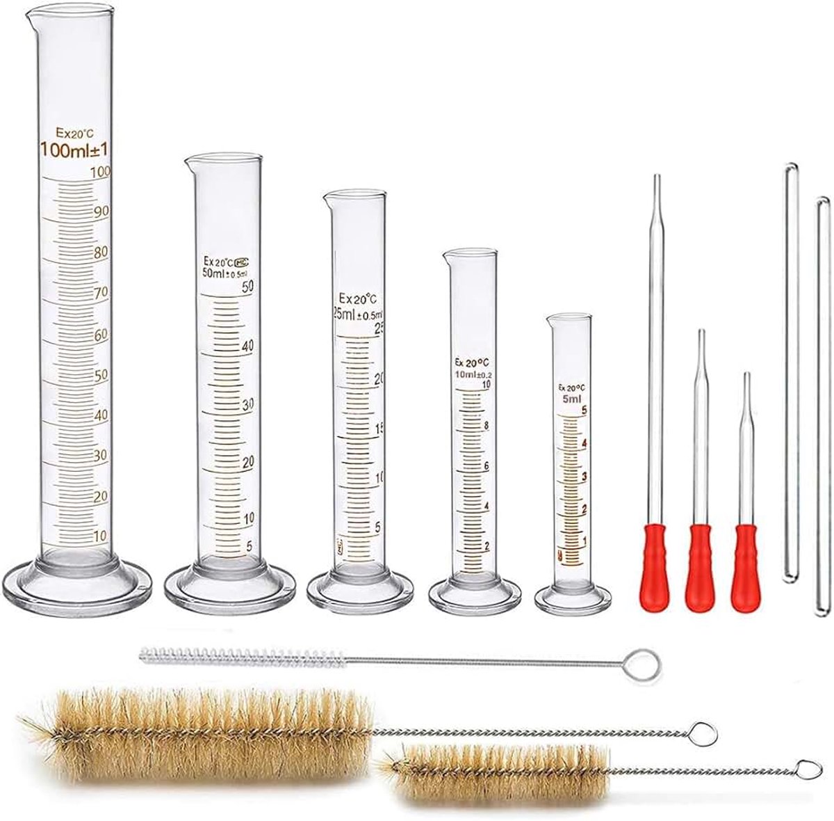 Set van 13 stuks dikglas graduele glazen meetcilinders voor chemie metingen, inclusief 5 meetcilinders van 5ML, 10ML, 25ML, 50ML, 100ML, 3 wasborstels, 3 glazen pipetten en 2 glazen