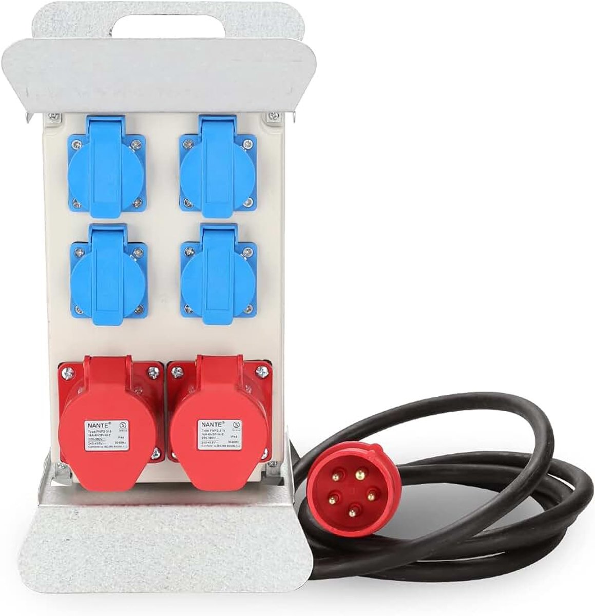 2 x 16 A 400 V + 4 x 230 V Schuko IP44 5-polig, wandverdeler met LS- en FI-schakelaar, stroomverdeler IP44 met veiligheidsklapdeksels en kabel