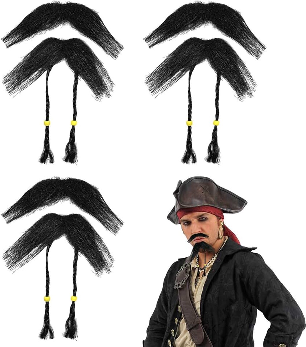 Gezichtshaarset, valse snor, piratenbaard, snor met vlechten, piratenkostuum, zelfklevend piratenkostuum, accessoires voor piratenkostuum (zwart), Zwart, 18*11 CM