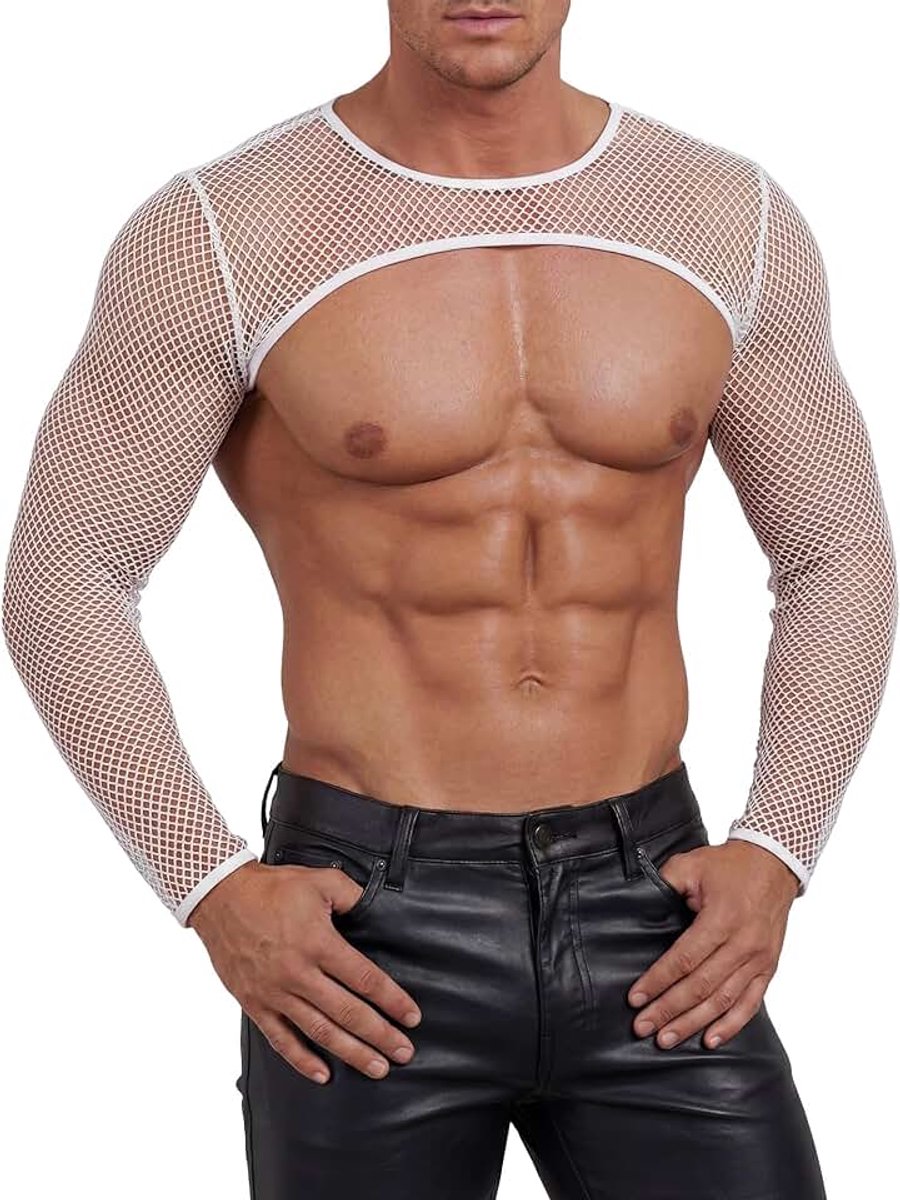 Mesh crop top heren netshirt lange mouwen buikvrij transparant mesh bovendeel sexy visnet cropped spiershirt mouwen bolero party clubwear T-shirt