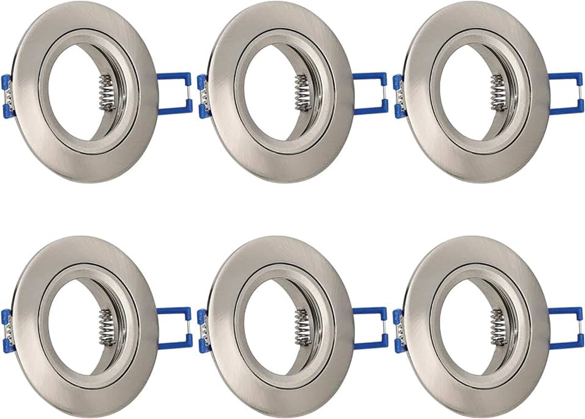 Set van 6 inbouwspots GU10 set aluminium nikkel, inbouwframe inbouwframe spot inbouwspots incl. GU10-fitting voor LED halogeen, rond plafond inbouwlampen gatdiameter 60-70mm, 230V