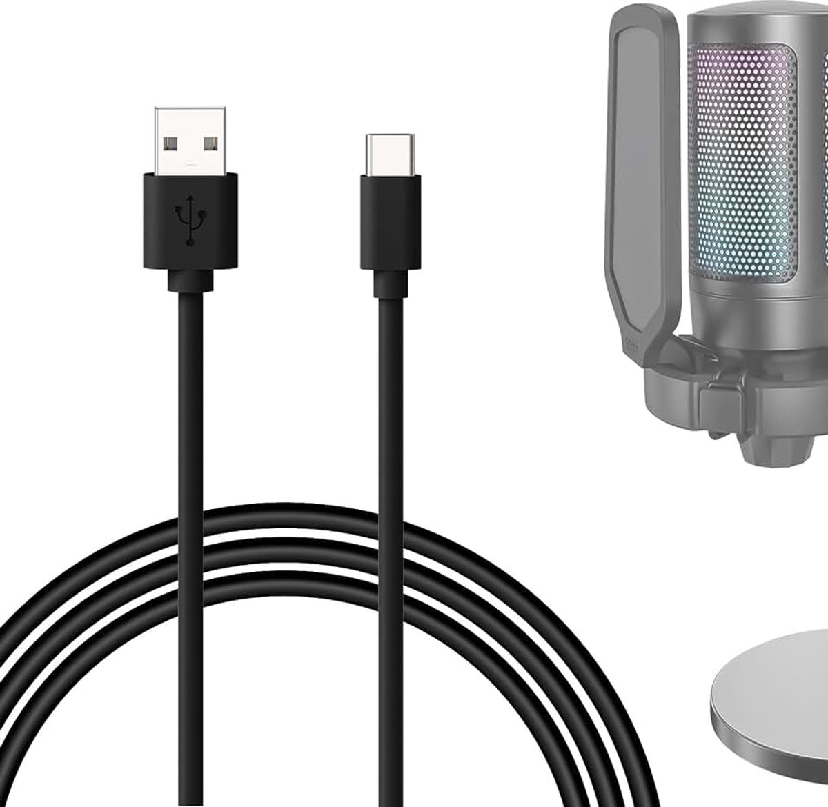 Creators type C naar USB A microfoonkabel, 2 m, compatibel met FIFINE AmpliGame A6, HyperX QuadCast S, SoloCast, Logitech G Yeti GX, Tonor TC30 microfoonkabel (zwart)