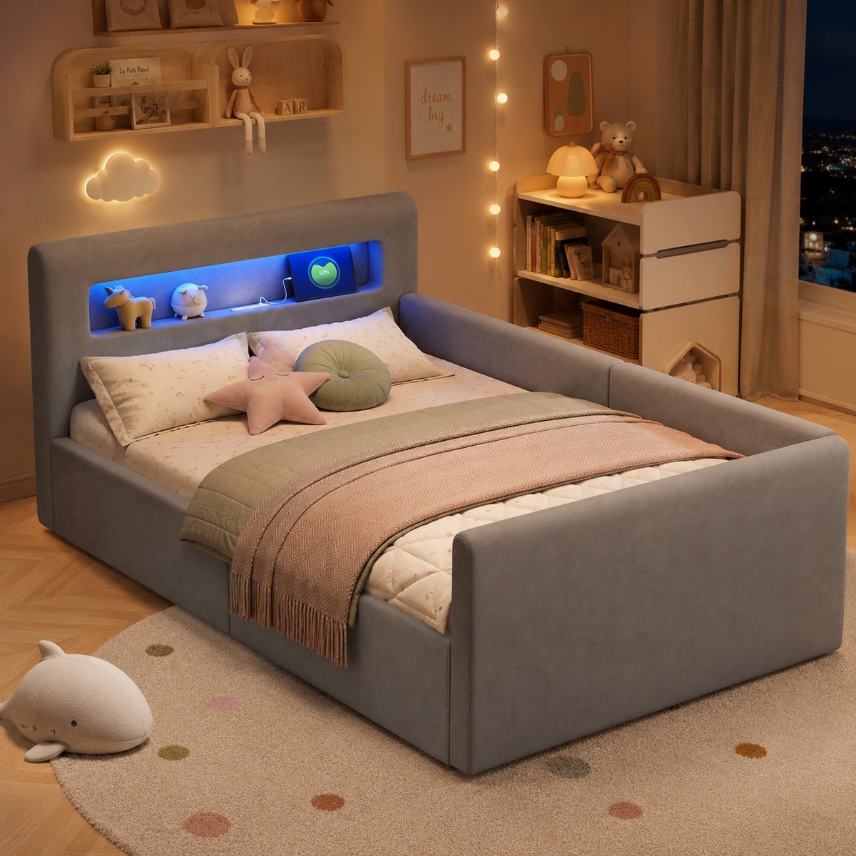 Kinderbed 90x200 cm - Eenpersoonsbed - Opbergbed - Multifunctioneel bed - Met hydraulische functie - Met hoofdbord - Met nachtlampje - Met opbergvak - Met USB-oplaadpoort - Veilig en comfortabel - Grijs