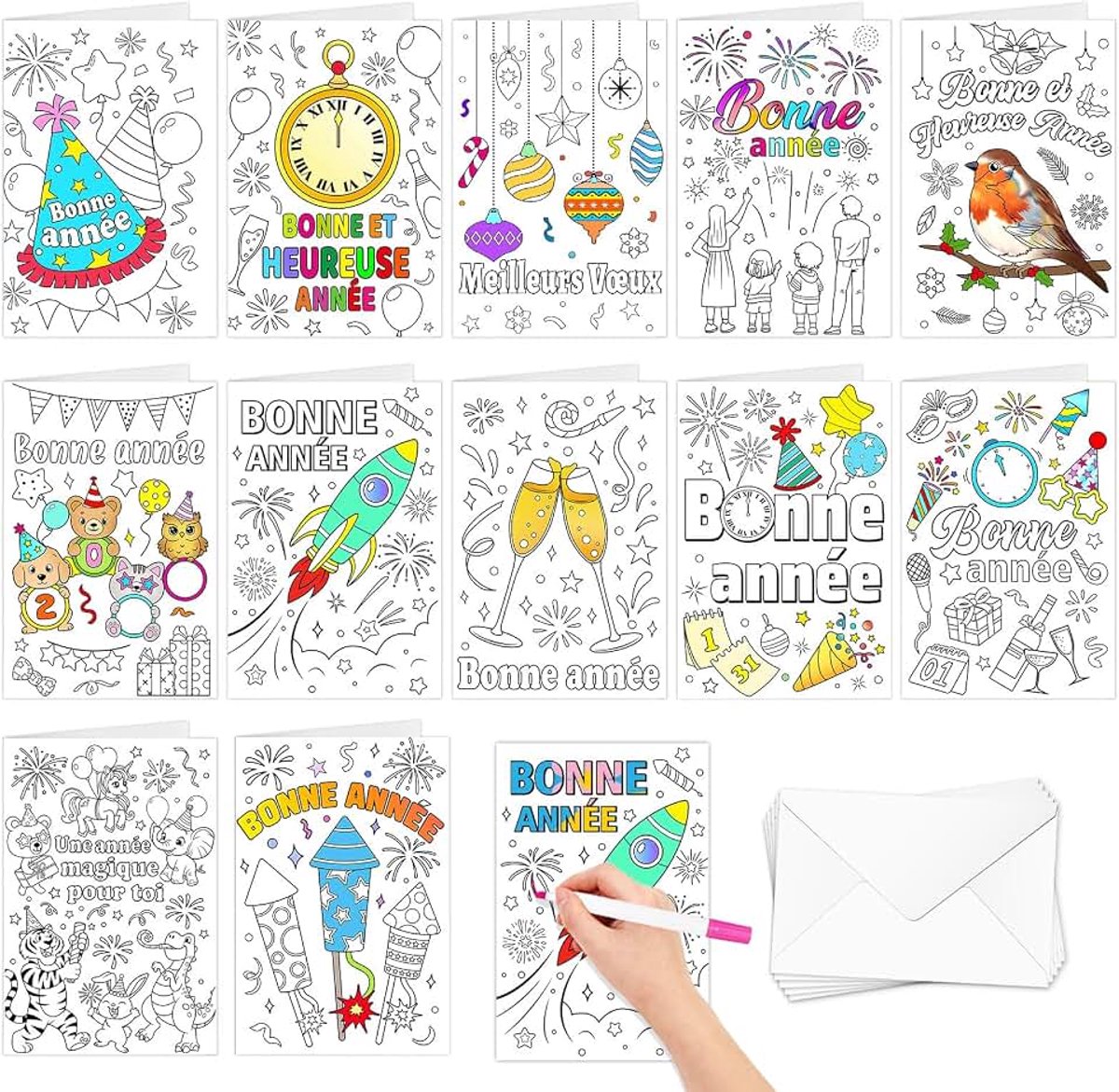 Nouvel An à Colorier Cartes for Enfants avec enveloppen, 12 Cartes a Colorier Nouvel An Carte de Vœux voor kinderen, loisirs, créatifs, artisanat jour van l'An Goodies