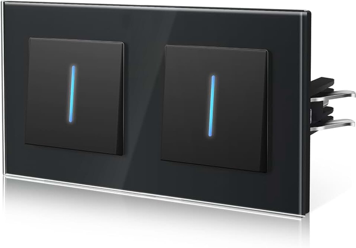 Lichtschakelaar van glas, inbouwschakelaar met klemmen, wisselschakelaar met achtergrondlicht, Eenvoudig aansluiten met snelclip-technologie, 1 schakelaar 2 lichtpunt, 157 mm, zwart