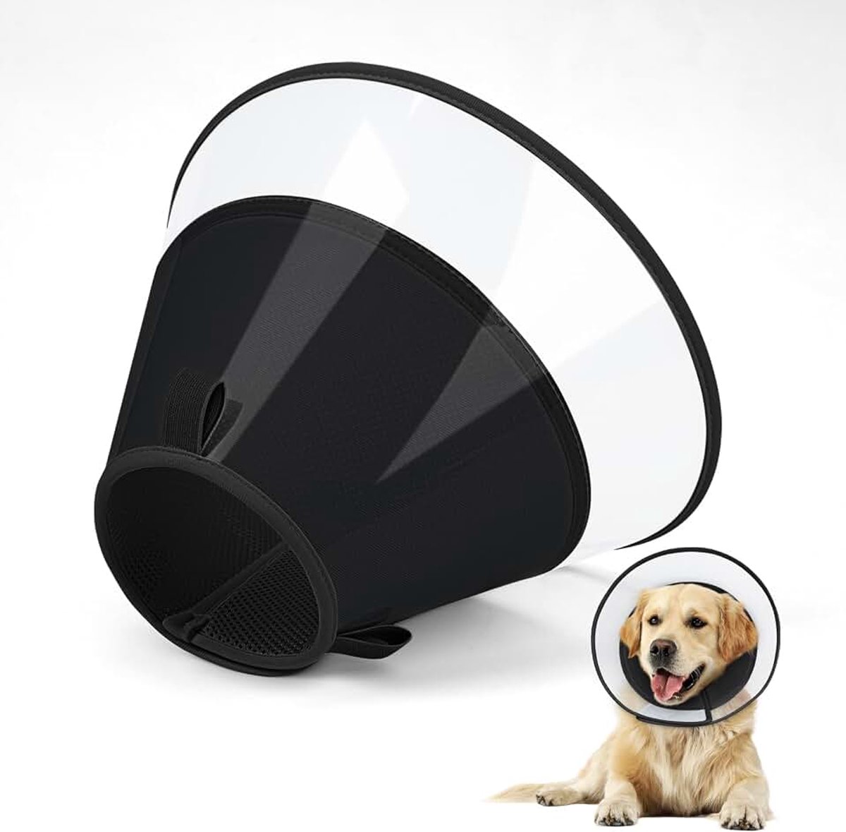 Hondenkegelhalsband met zacht kussen, transparant Elizabeth-herstelhoofdband voor honden, om het likken na operaties, castratie en verwondingen te stoppen (Zwart-XL)