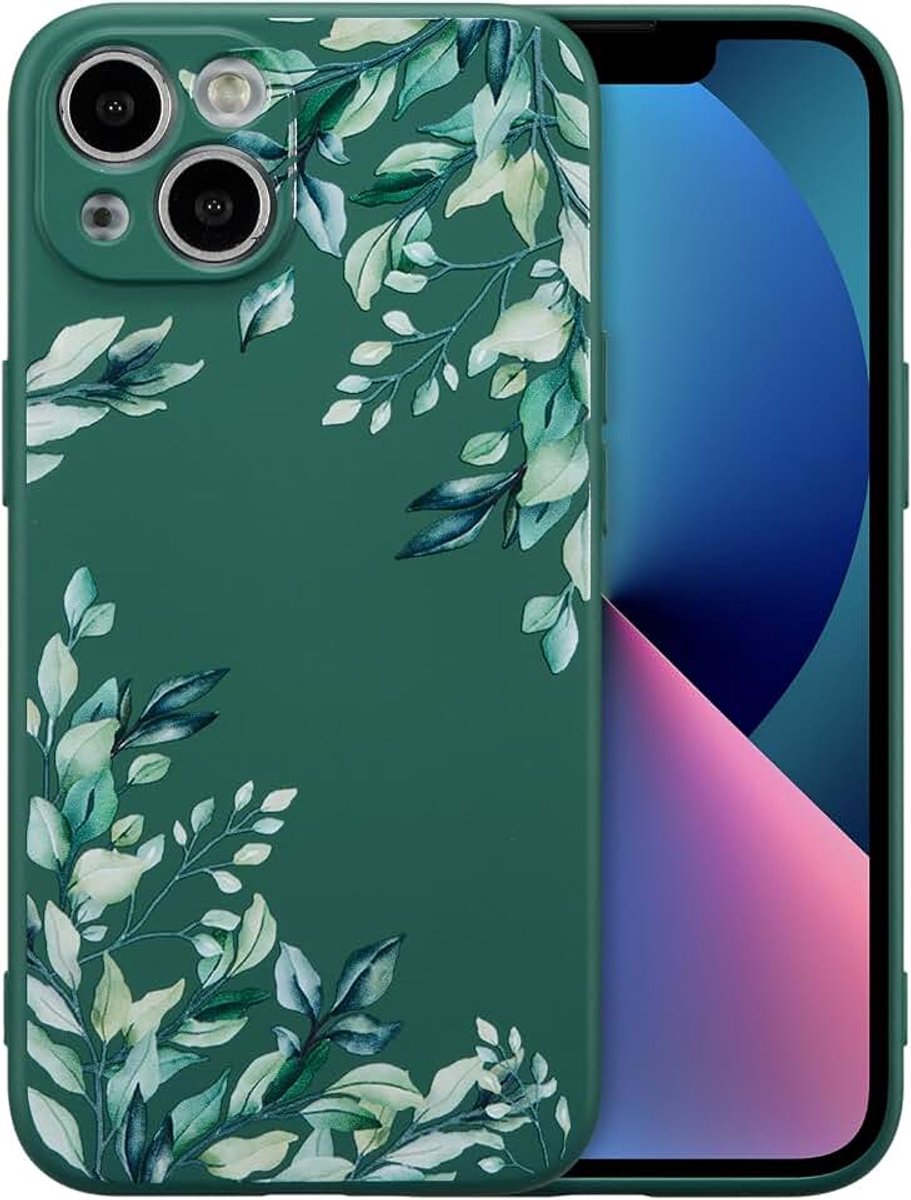 Hoesje voor iPhone 13 (6,1 inch), vloeibare siliconen met schattig patroon van bladeren en bloemen voor meisjes en vrouwen, slanke zachte rubberen beschermhoes, donkergroen