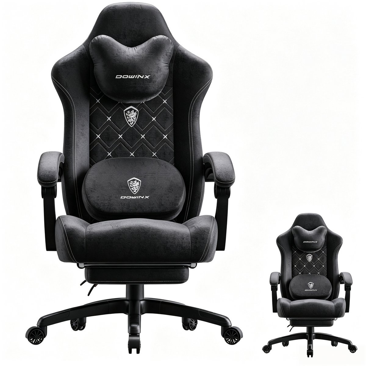 Dowinx Gamingstoel - Ergonomisch lendenkussen, tasveer zitting, vleugelloos breed zitvlak - uittrekbare voetsteun - 90‑155° verstelbaar, ergonomische pc bureaustoel voor volwassenen