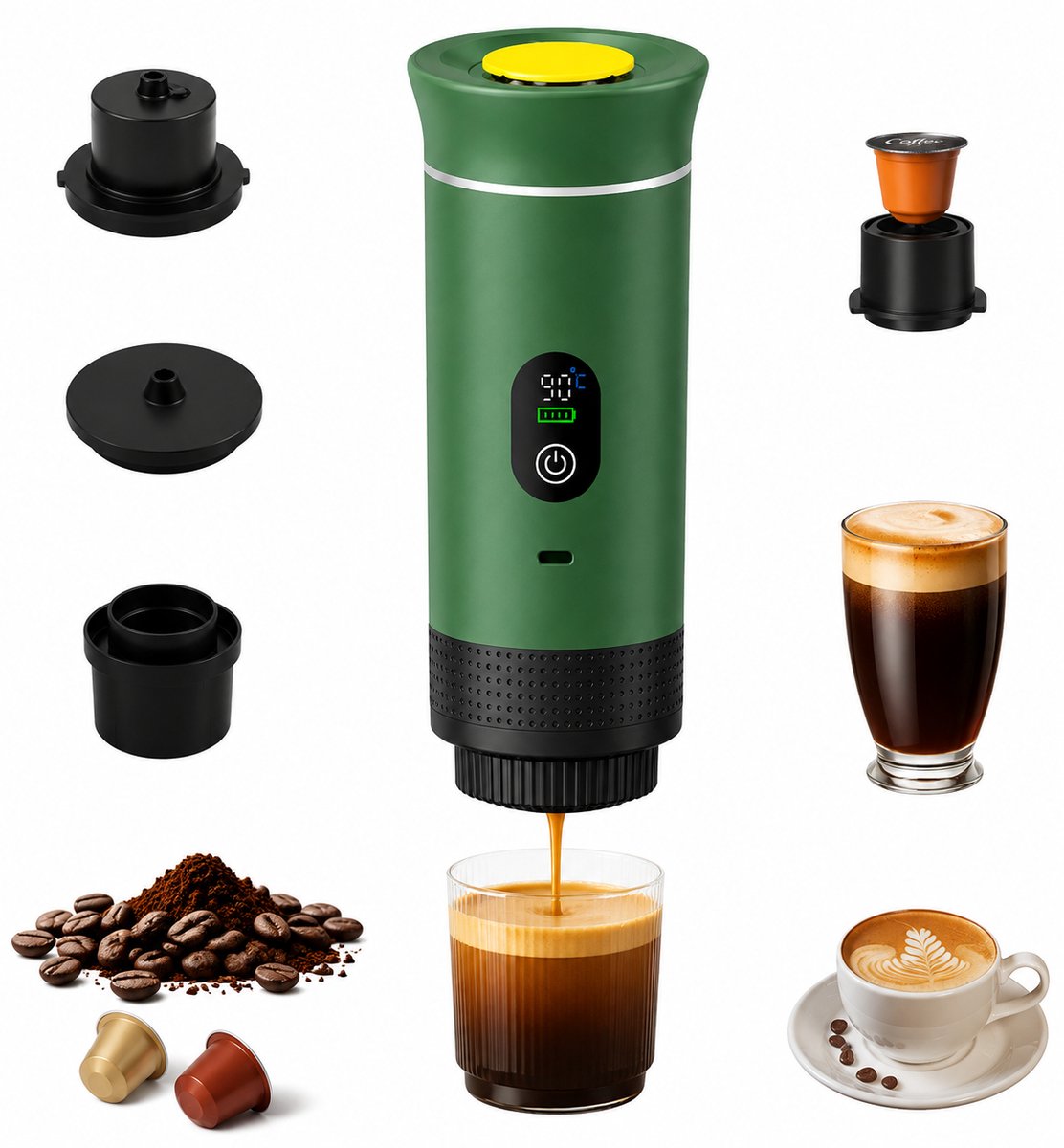 Draagbaar Koffiezetapparaat - 3-in-1 espressomachine – Met led-display – 20 bar druk en indicatoren voor temperatuur en batterijniveau in realtime – Geschikt voor gemalen koffie en capsules – Ideaal voor op reis, op kantoor en in de camper – Groen