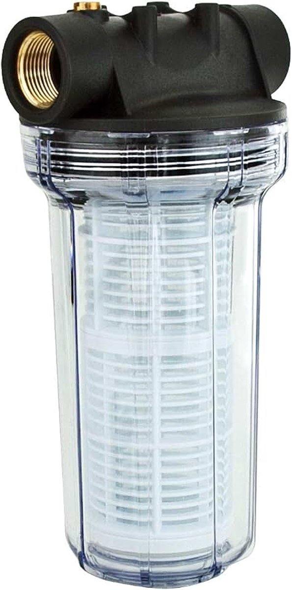 Voorfilter voor waterleidingen en tuinpompen, met filterinzetstuk, lange uitvoering, 1" IG en 2x 1" AG adapter, 5,5 bar, 6000 l/u, filterpomp