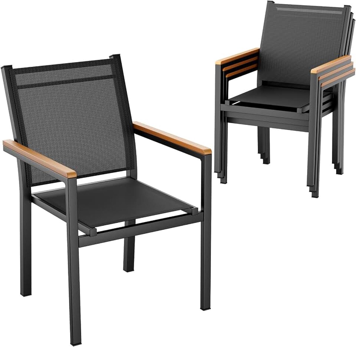 Tuinstoelen, set van 4, aluminium, stapelbare eetkamerstoelen, textileen, WPC leuning, balkonstoelen, voor terras, balkon, terras, zwembad, restaurants, weerbestendig, zwart, 4 stuks