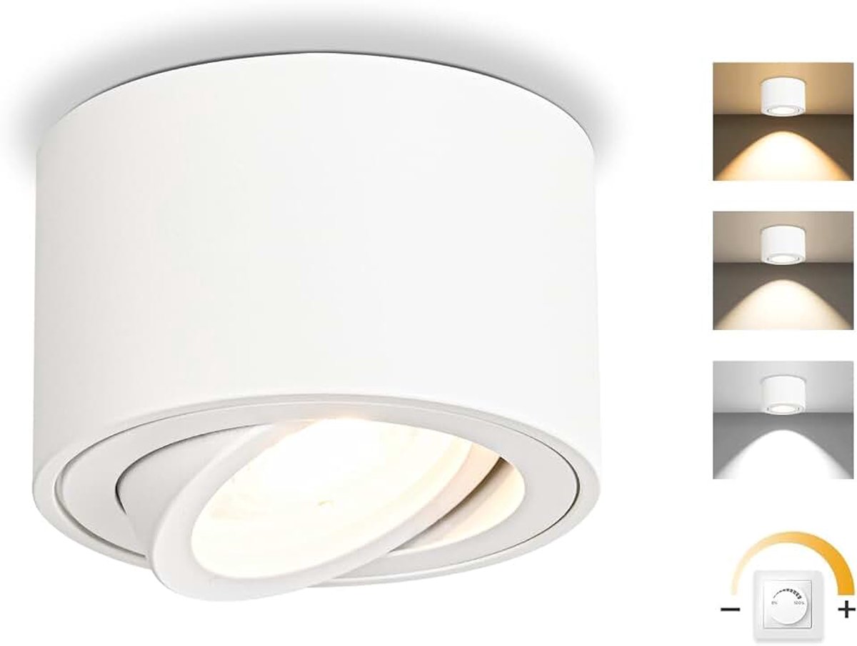 Dimbare led-opbouwspot, draaibaar, 5 W, plafondspot, Ø 80 x 50 mm, 3000 K/4000 K/6500 K, 30 graden draaibaar, badkamerspot, aluminium, rond, wit, plafondlamp, led-spot, draaibaar, 1 stuk