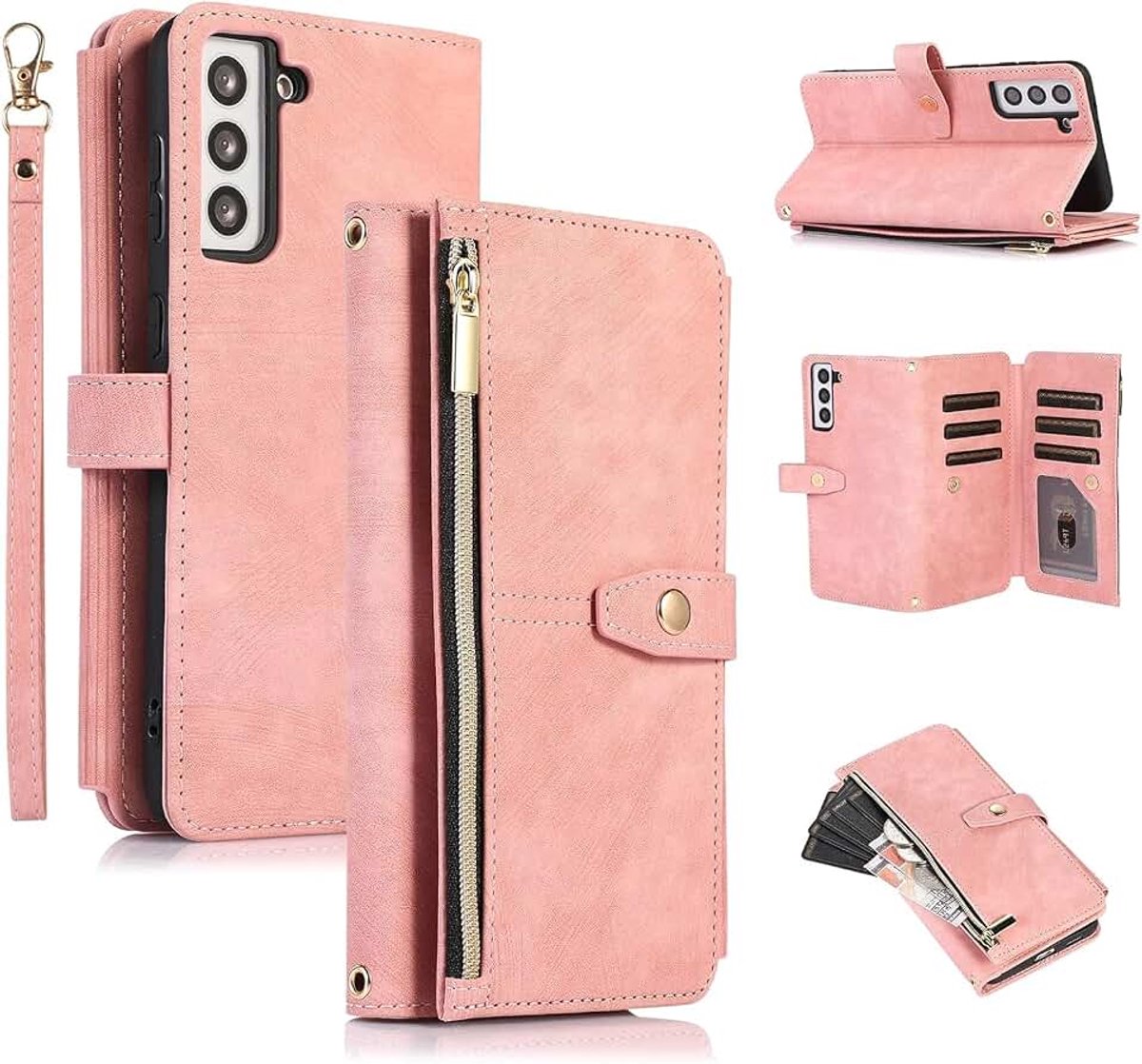 Hoesje voor Samsung Galaxy S21 5G, retro lederen portemonnee, schokbestendig klaphoesje met 9 kaartsleuven, handriem, kaartsleuven en kickstand, handtas magnetische sluiting - vintage roségoud
