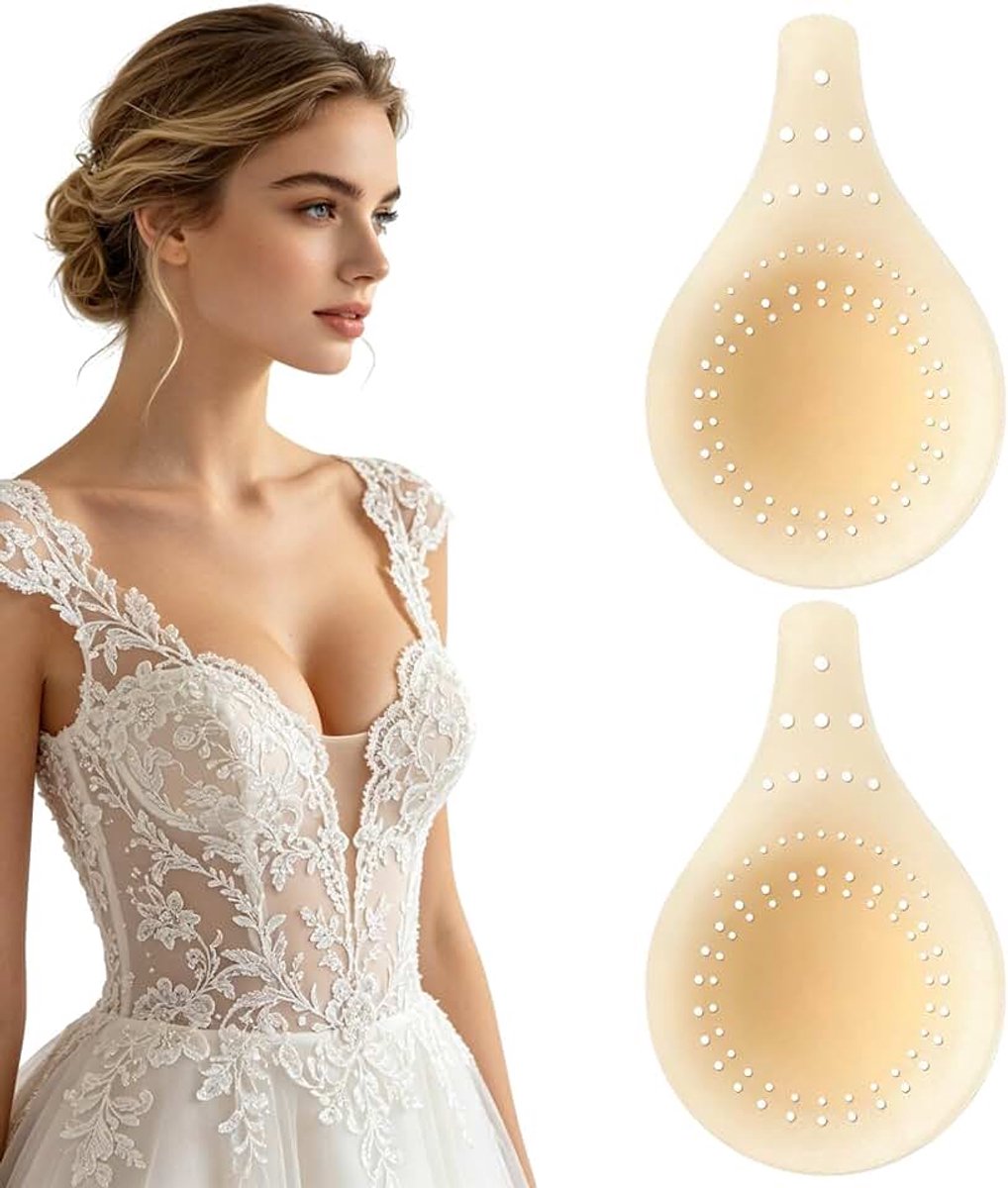 Siliconen tepelafdekkingen voor dames, 2 stuks onzichtbare tepelpads, druppelvormige push-up, herbruikbare kleefbeha, beige, luchtgaten, ontwerp voor bruiloftsjurk