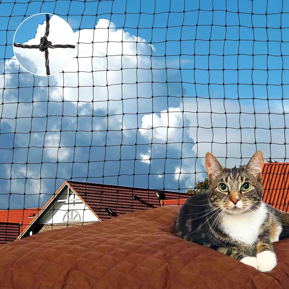 Kattennet voor balkon, 4 x 3 m, draadversterkt, balkonnet, robuust, bijt- en scheurvast, uv-bestendig, met bevestigingskoord spijkers, kattenbeschermingsnet voor balkons, terrassen en ramen