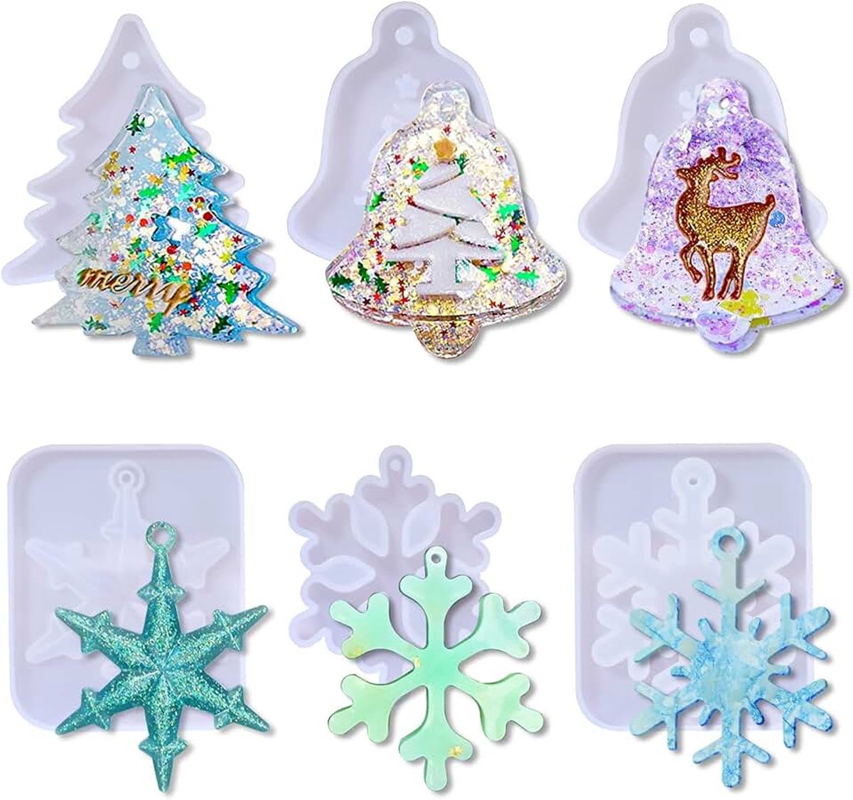 Epoxyhars mallen kerst sneeuwvlokken siliconen mallen, 6 stuks mallen voor kristal epoxy gieten, doe-het-zelf kerst hangende ornamenten, boom, eland bel geschenkdecoratie