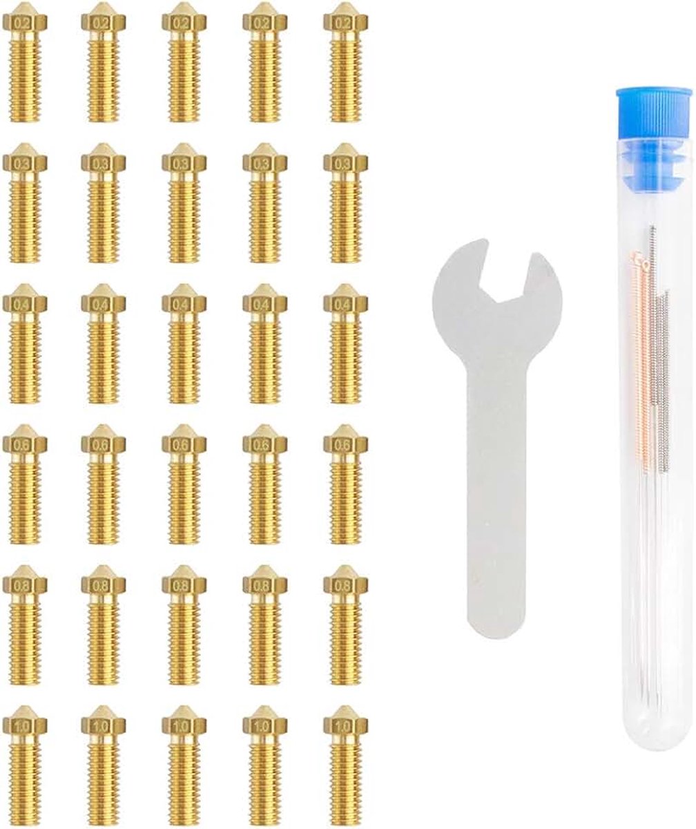 30 PCS Volcano 3D Drucker Düsen Set,Qualitäts-Messing düsen+Reinigung Werkzeuge Kit (0.2mm/0.3mm/0.4mm/0.6mm/0.8mm/1.0mm) Printers Extruder Zubehör,for Artillery Genius/Sidewinder X1