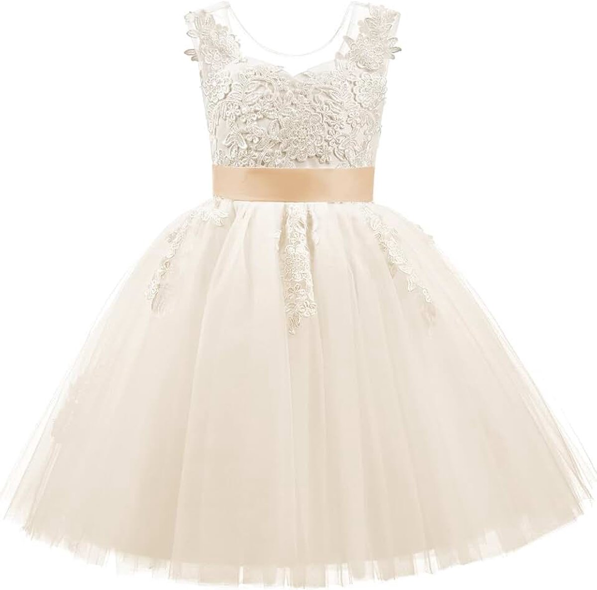Bruidsmeisjesjurk, bloemenmeisjesjurk, voor meisjes, kant, V-rug, tule, bruiloft, feestjurk, champagne, 6-7 Jaren