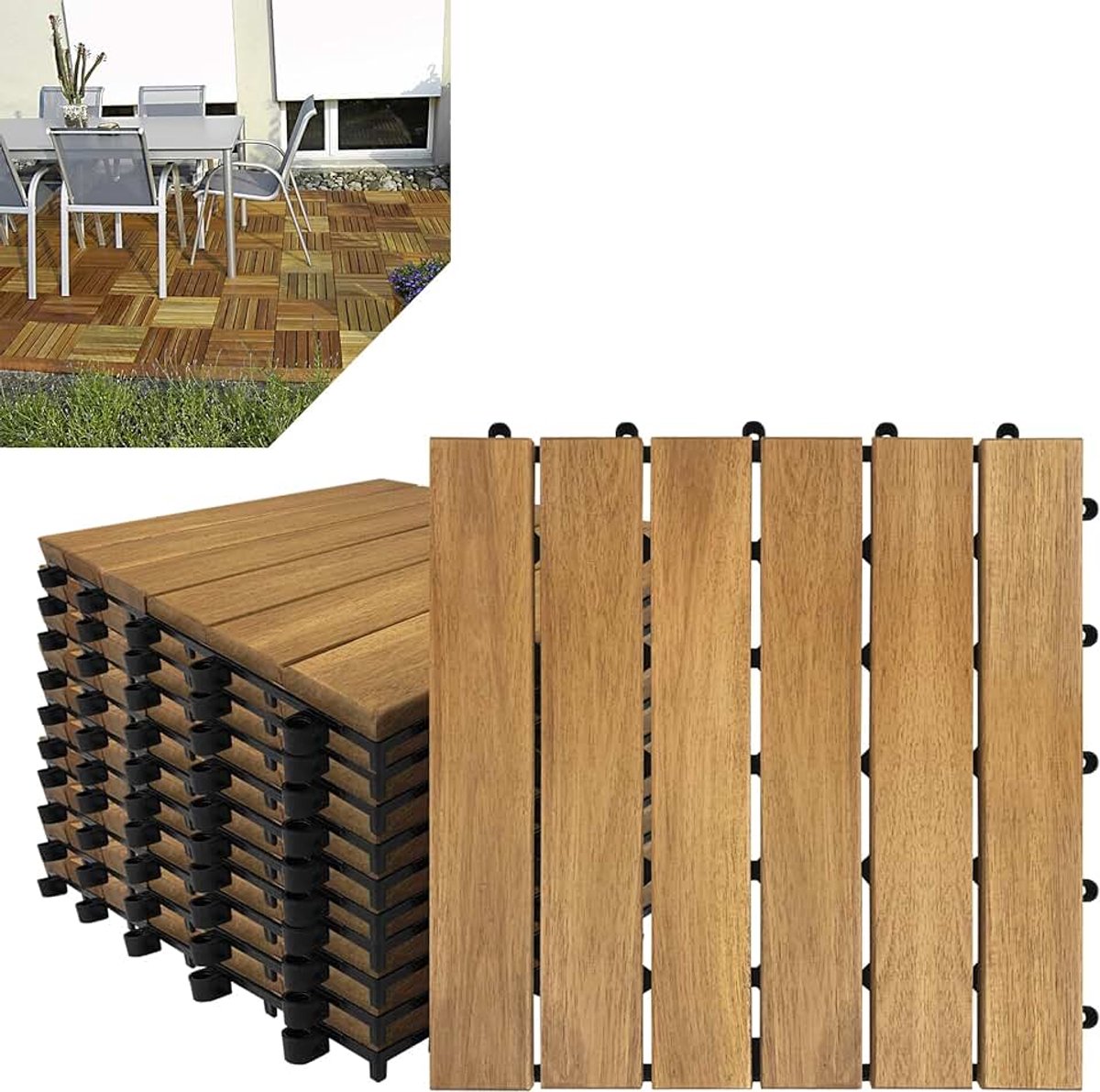 Houten Tegels, Terras & Balkon Tegels met Kunststof Afvoerrooster, Click System Houten Tegelset, op Maat Gesneden Vloertegels voor Patiotuin (1m² / 11 Stuks, Type A)