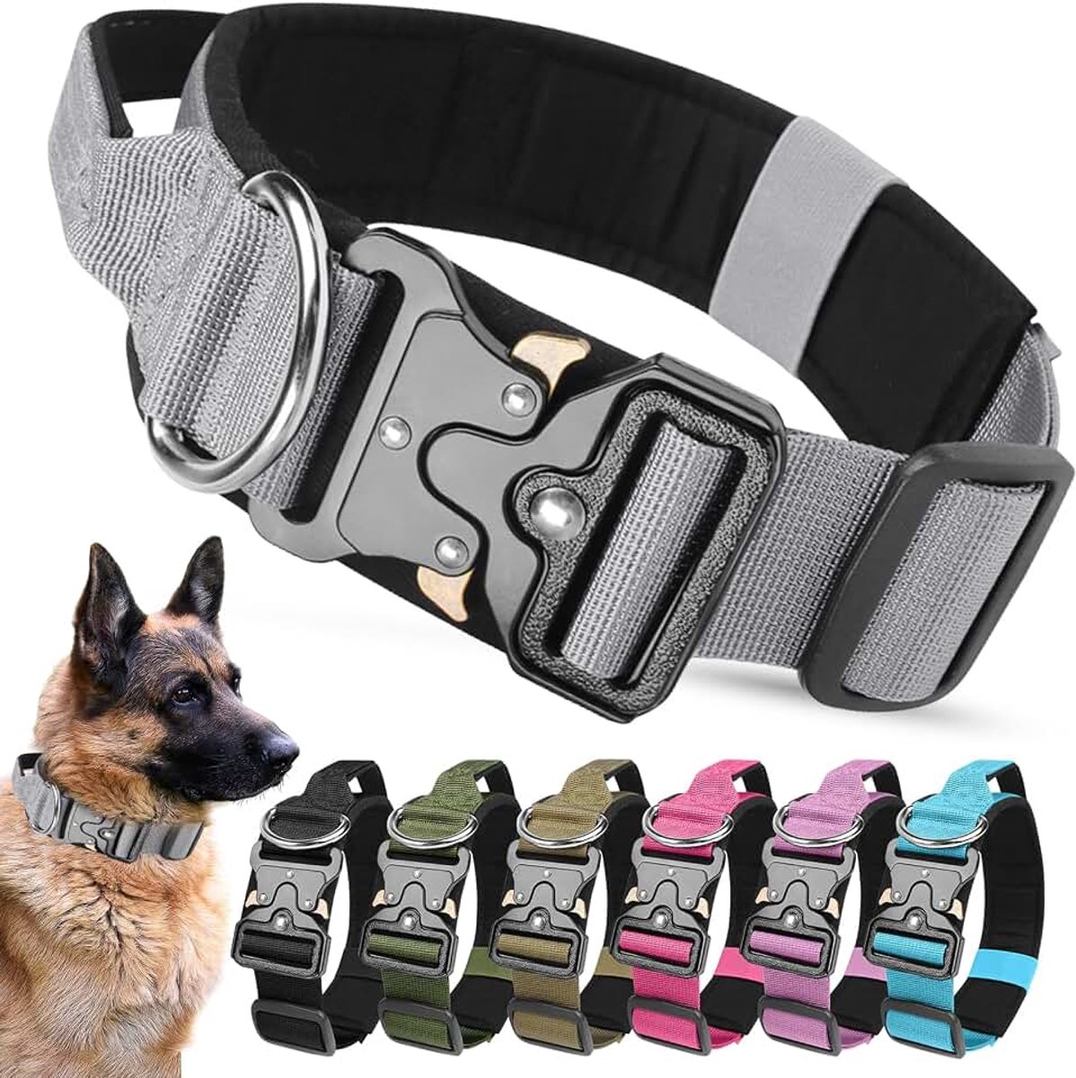 Hondenhalsband met bedieningsgreep, brede verstelbare nylon gevoerde hondenhalsband voor middelgrote en grote training (grijs, L)