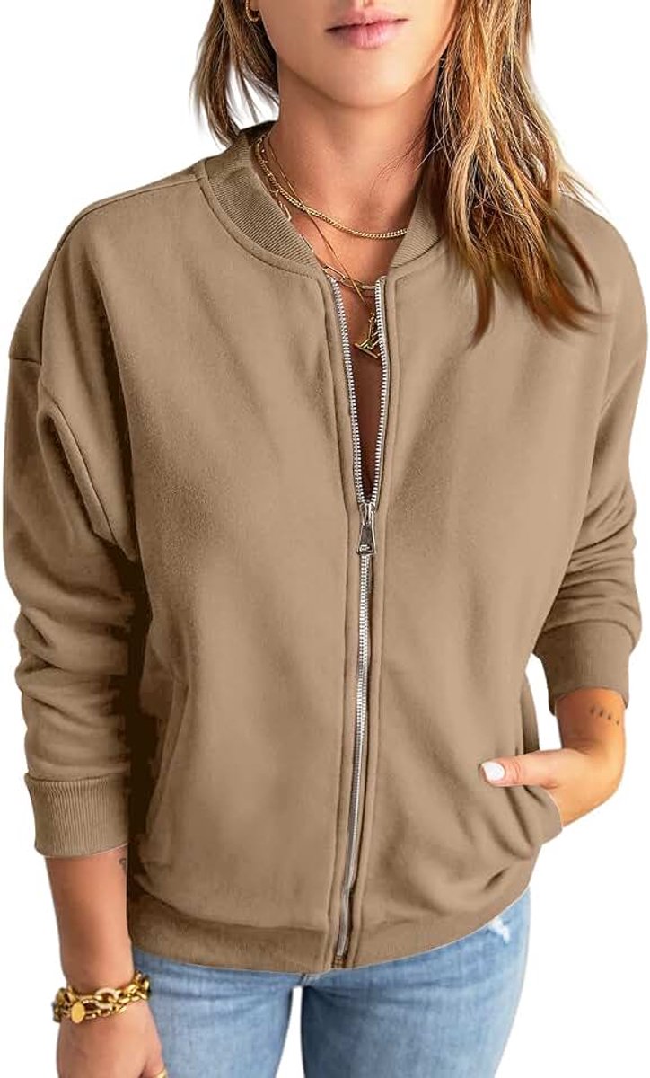 Sweatshirt met rits voor dames, oversized jack, sweatshirt, effen, losse lange mouwen, top, bovenstuk met zak