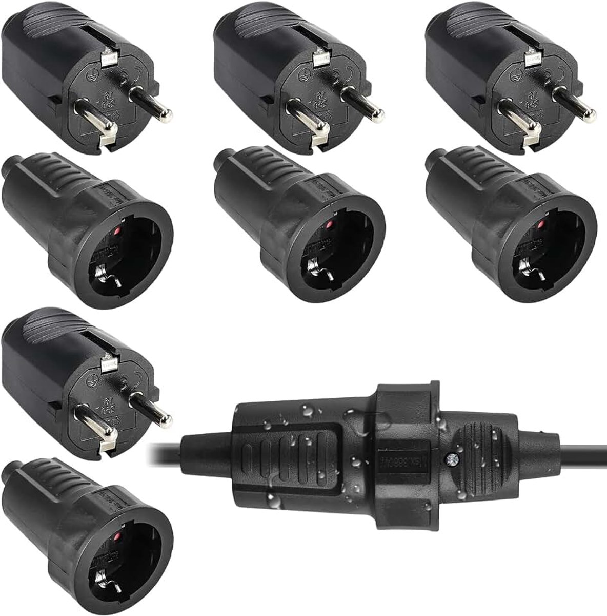 4 paar Schuko stekkerkoppeling: 250 V 16 A IP54 geaard contact, 2-polige rubberen stekkerkoppelingsset met knikbescherming, buitenwaterdicht, zwart