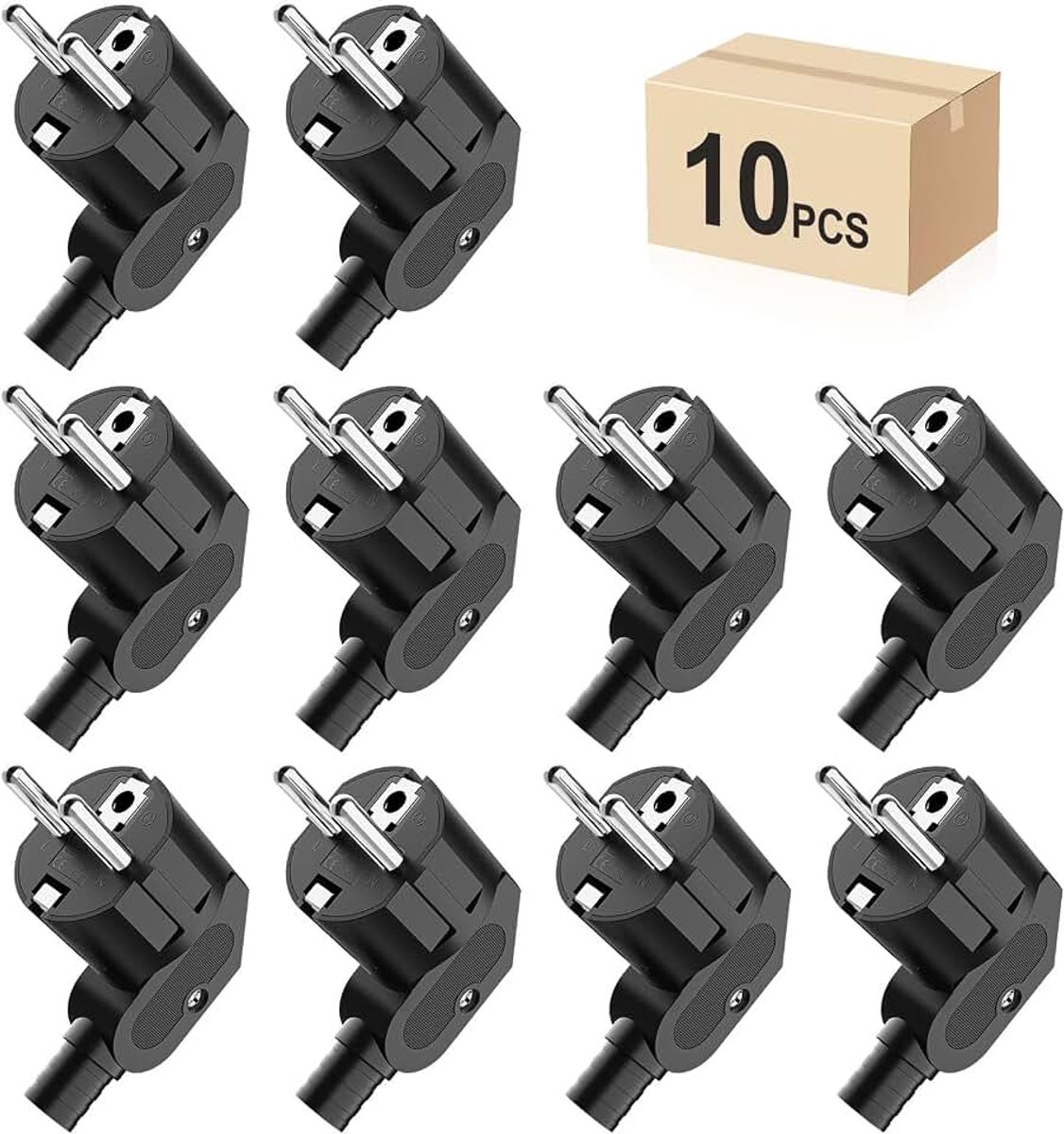 Stekker, hoekstekker, 10 stuks, stroomstekker, hoekstekker, 230 V plat, geaarde stekker met knikbeschermingsaansluiting, eurostekker voor 8-10 mm kabel, IP20, duurzaam en breukvast, zwart