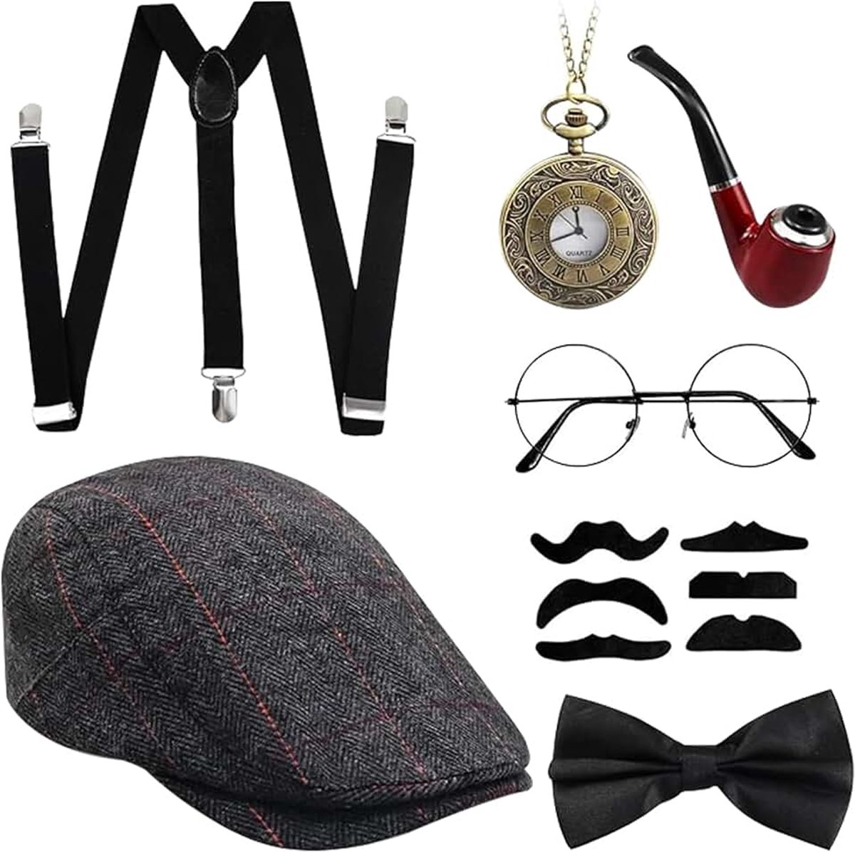 20-kostuum voor heren, maffia-kostuum voor dames en heren, maffia-kostuum, set gangster, panamahoed, zakhorloge, bretels, vlinderdas, baard, bril voor carnaval, kostuumaccessoires,