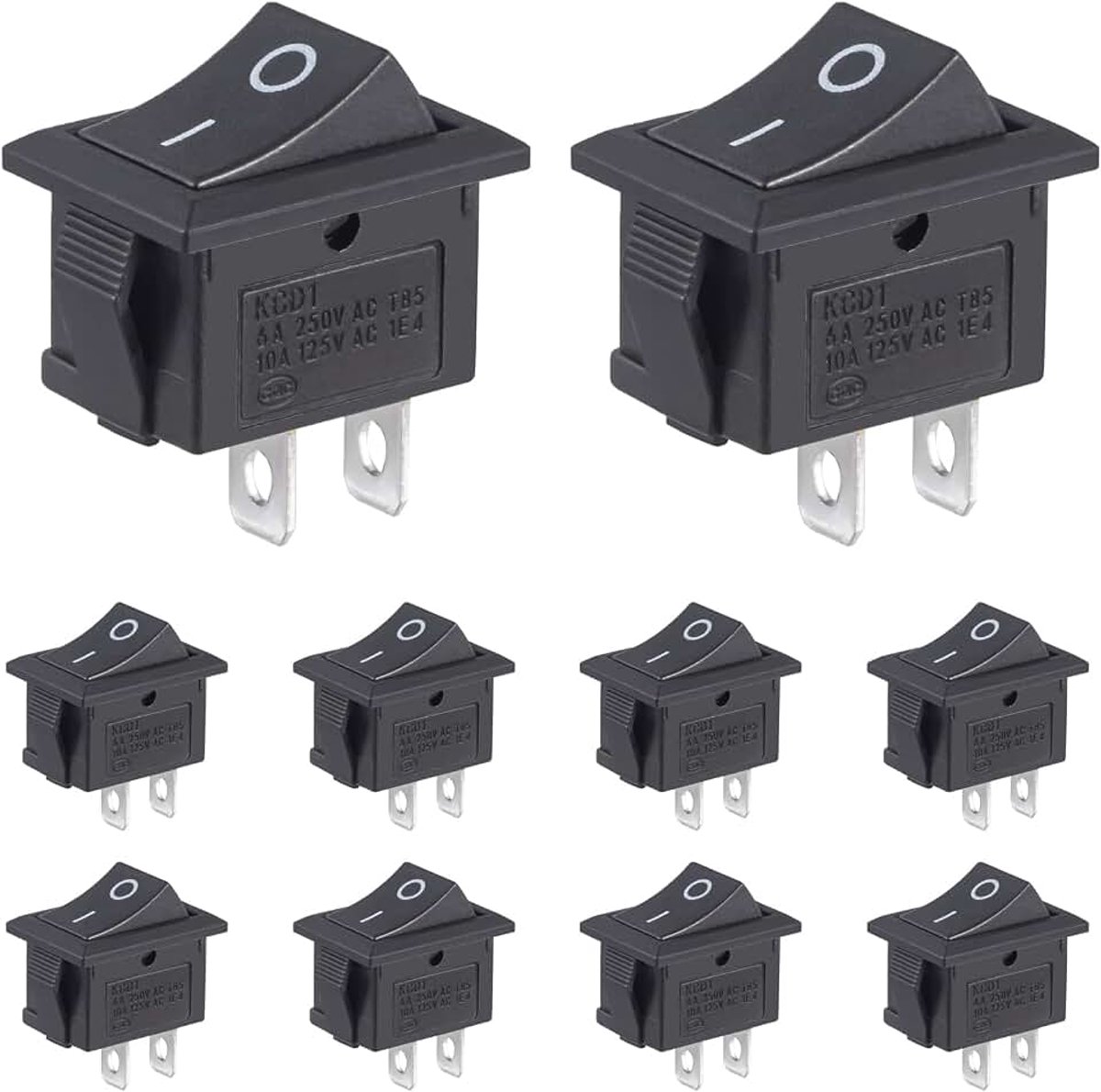 Tuimelschakelaar, 2-polig, tuimelschakelaar, aan/uit-schakelaar, 6 A, 250 VAC, 10 A, 125 VAC, zwart, inbouwschakelaar, ingebed, rechthoekig, ON OFF 2 positie, 2-pins boot switch (10 stuks)