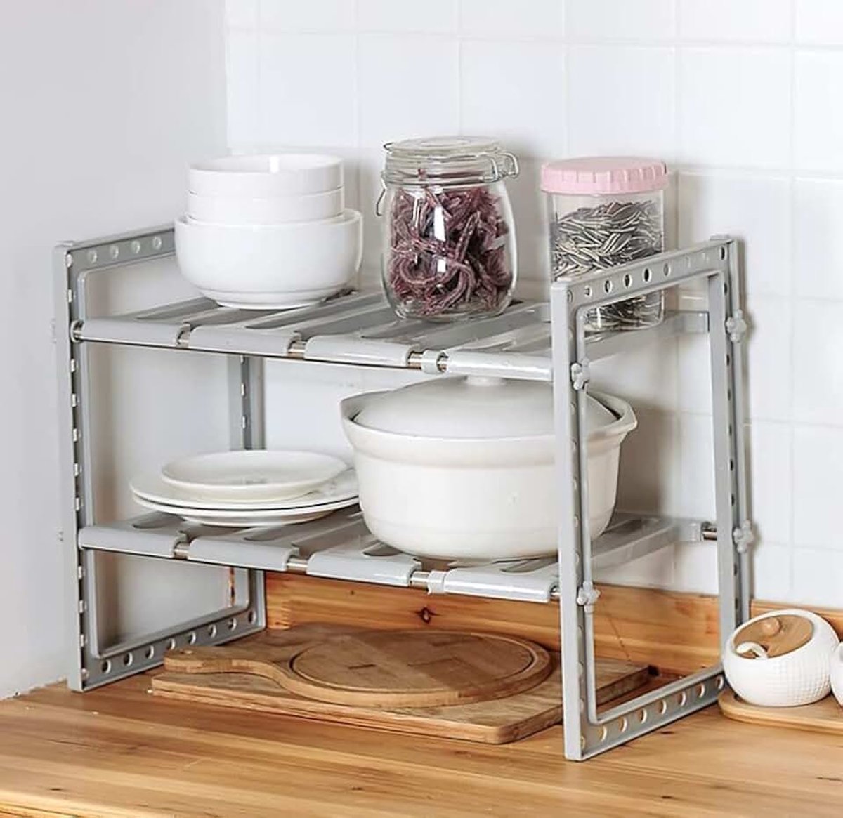 Rek voor onder de gootsteen, spoelkastrek, keukenrek, steekrek met 2 etages, in hoogte verstelbaar, voor de gootsteenonderkast, 38-70 cm, belasting 15 kg (grijs)
