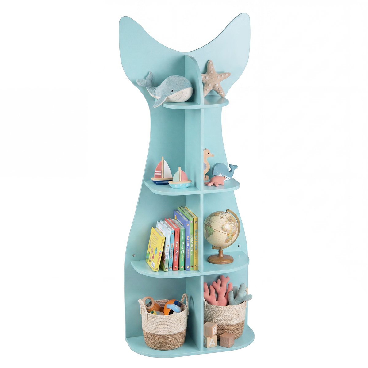 COSTWAY Kinderboekenplank in visstaartvorm, 4-laags houten kinderplank met 8 open vakken, Montessori speelgoedplank, kinderboekenplank voor kinderkamer, speelkamer, Blauw