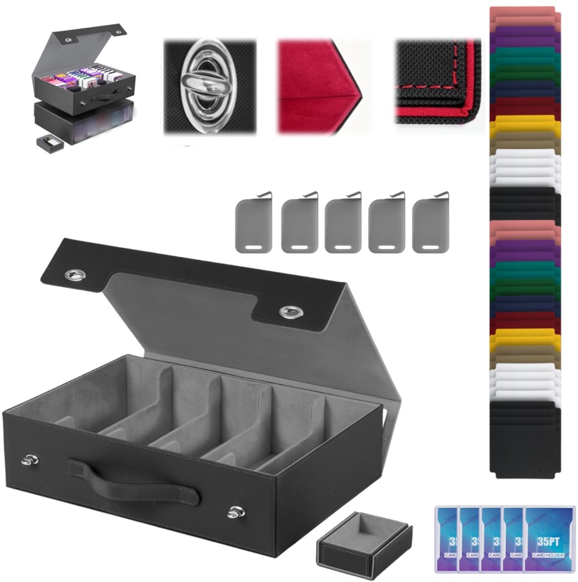 Kaartenopbergdoos met 5 rijen + 48 verdelers + 5 sluitingen + 5 kaarthoezen – Met handvat – Geschikt voor meer dan 3.900 ruilkaarten – Commander-deckbox – Geschikt voor toploaders – Opbergdoos voor kaartencollecties – Kaartenetui van PU-leer