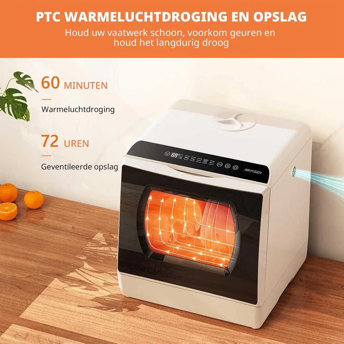 AIRMSEN Mini Vaatwasser - Met 5L Watertank - Zonder Vaste Wateraansluiting - 5+1 Programma's - 4 Couverts - Vrijstaande Afwasmachine - Wit/Zwart thumbnail 3
