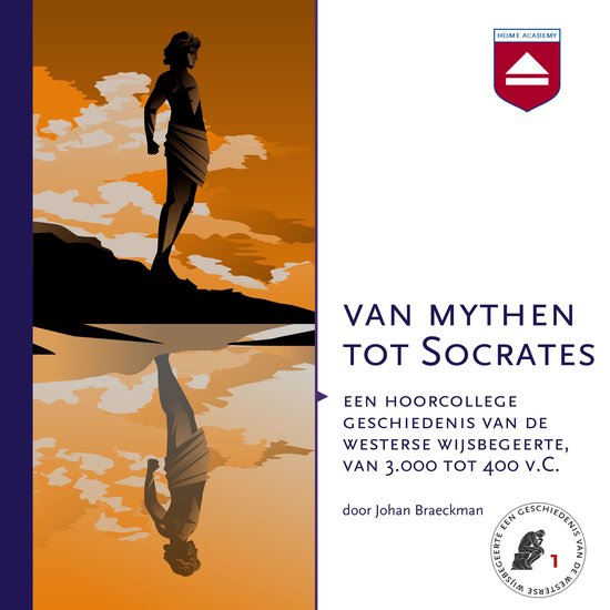 Een hoorcollege Van mythen tot Socrates, met een staande gestalte die weerspiegelt in oranje water.