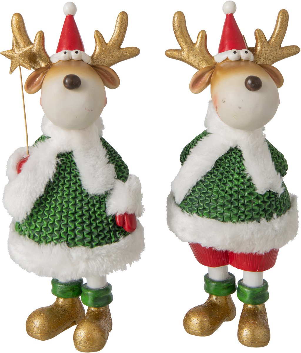 J-Line figuur Rendier Winterkleren - polyresin - donkergroen/kerstrood - large - 2 stuks