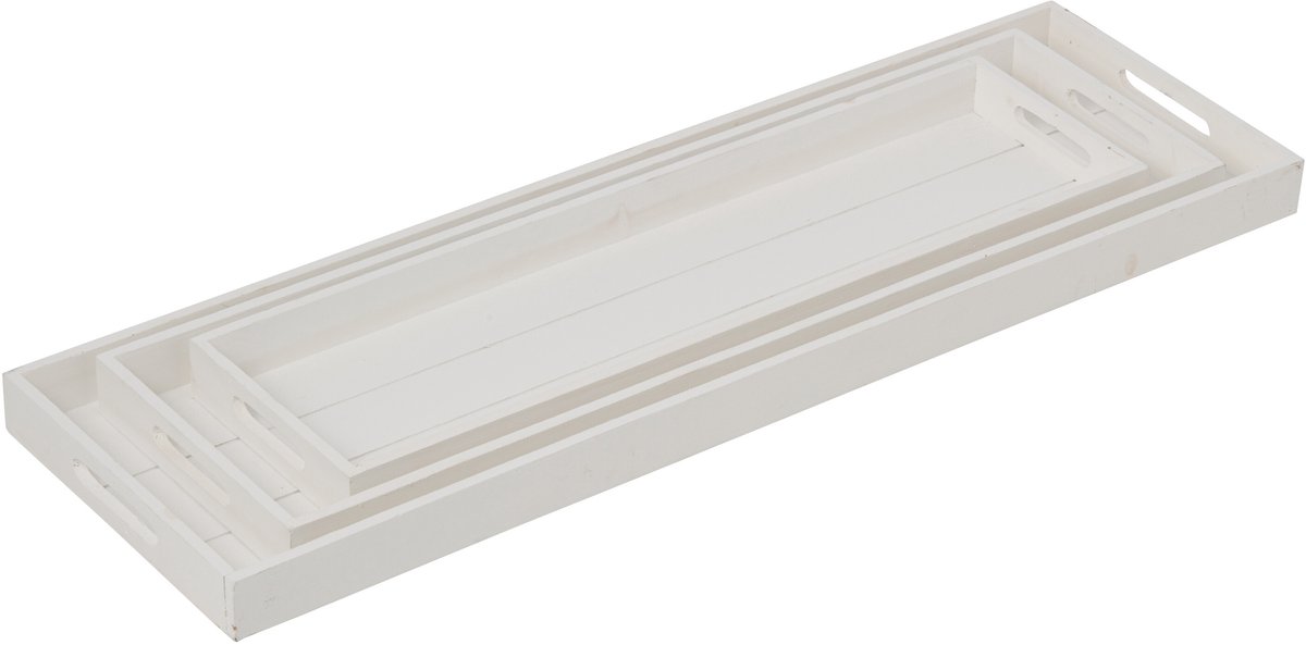 J-Line Decoratieve dienbladen - dennenhout - wit - set van 3