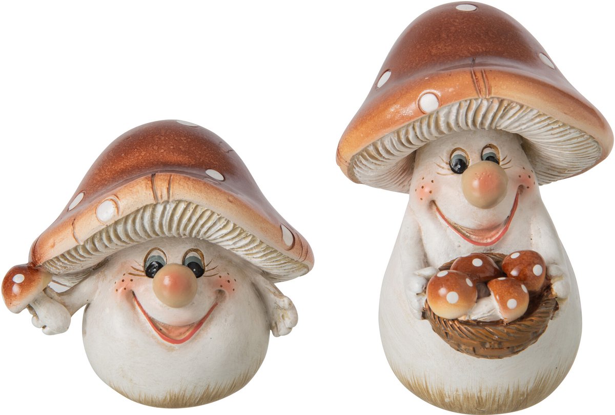 J-Line decoratie Paddenstoel - polyresin - bruin/wit - small - 2 stuks