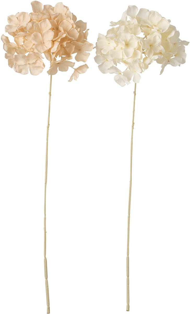 J-Line bloem Hortensia - polyester - beige/lichtgeel - 2 stuks