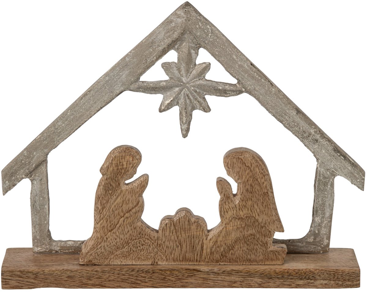 J-Line Kerststal op voet - mangohout - gebroken wit/naturel - large