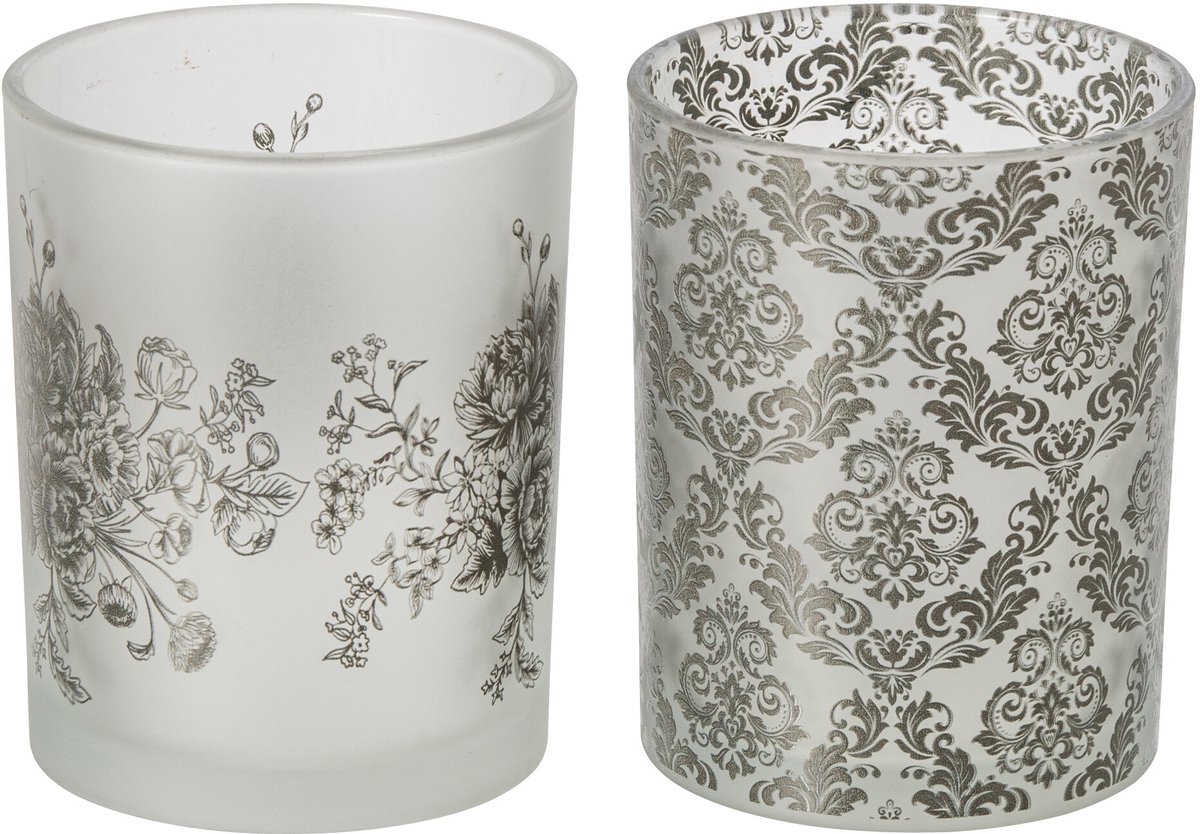 J-Line theelichthouder Bloemen - glas - kakigroen - medium - 2 stuks