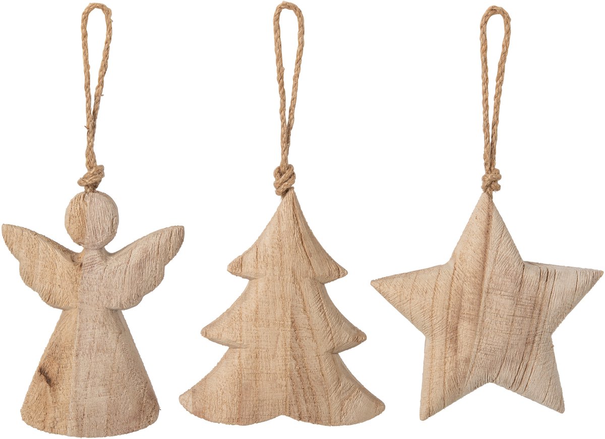 J-Line Hangende boom, engel en ster - paulowniahout - naturel - assortiment van 3